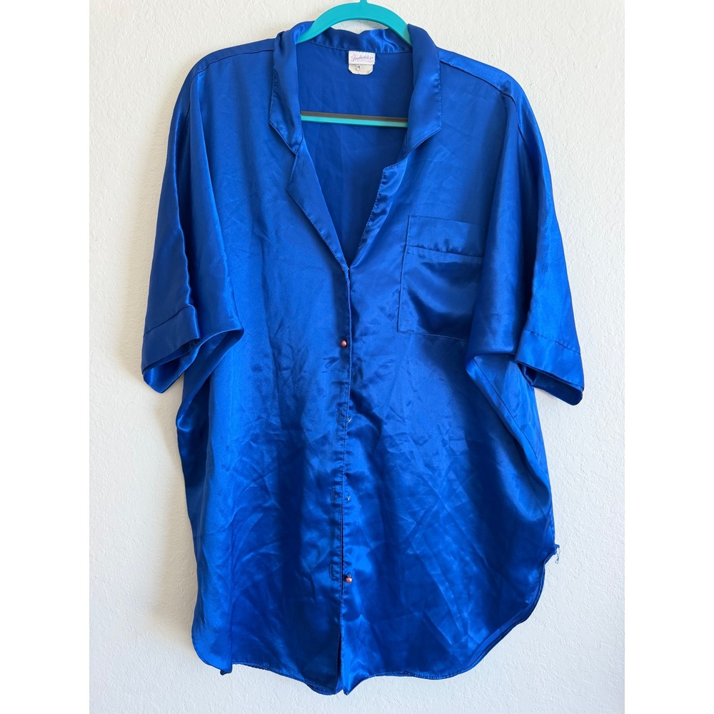 Vintage Fredericks of Hollywood Royal Blue Satin Pajama Top Large Made in USA
